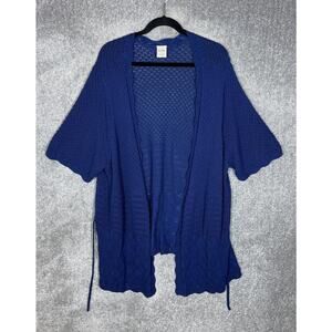 Blair Cardigan Sweater Womens Size 3XL Blue Open Knit Waterfall Hem Attached Tie